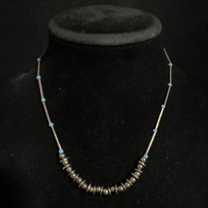 Silver Tone Choker Necklace With Aqua Beads (369)